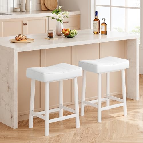 24 Saddle Bar Stools Set of 2, Stylish Backless PU Leather Counter Height Stools with Curved Cushion, Perfect for Kitchen Counters or Home Bars, White